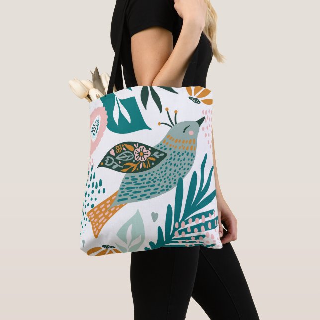 Bohemian Bird With Chic Floral Botanical Patterns Tote Bag (Close Up)