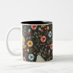 Bohemian Birds & Flowers Pattern - Nature-Inspired Two-Tone Coffee Mug