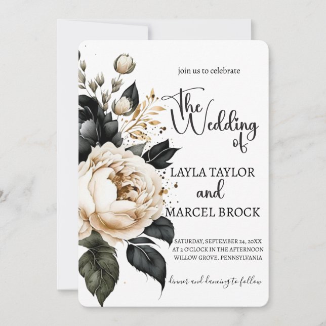 Bohemian Black and Gold Floral Photo Wedding  Invitation (Front)