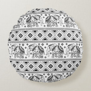 Bohemian Black and White Elephant Pattern Round Cushion