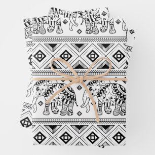 Bohemian Black and White Elephant Pattern Wrapping Paper Sheet