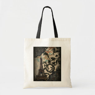 bohemian black floral lace Paris Eiffel Tower Tote Bag