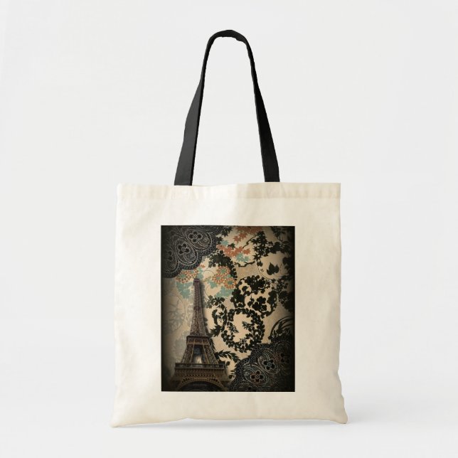 bohemian black floral lace Paris Eiffel Tower Tote Bag (Front)