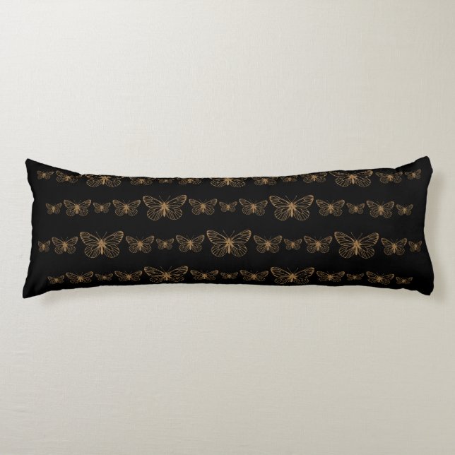 Bohemian Black Gold Butterflies Body Pillow (Front)