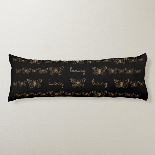 Bohemian Black Gold Luxury Butterflies Body Pillow (Front)