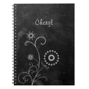 Bohemian Blackboard Cute White Flowers With Name Notebook