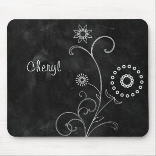 Bohemian Blackboard Pretty White Flowers With Name Mouse Mat