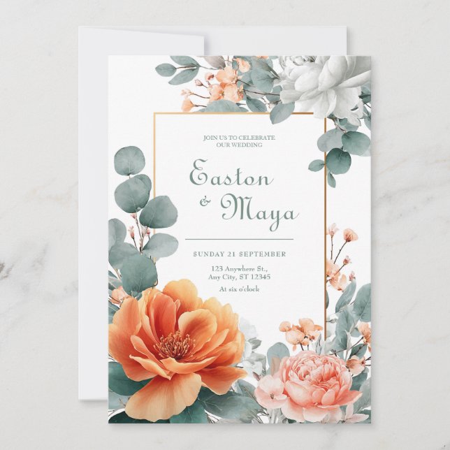 Bohemian Bloom Terracotta and Peach Wedding Invitation (Front)