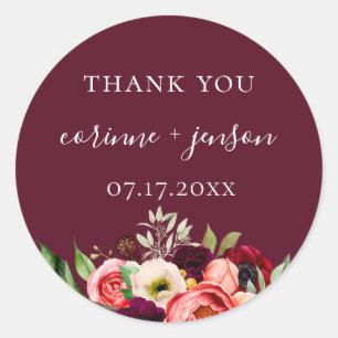 Bohemian Blooms Burgundy Wedding Favour Classic Round Sticker