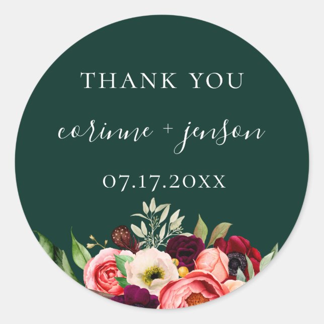 Bohemian Blooms Emerald Wedding Favour Classic Round Sticker (Front)