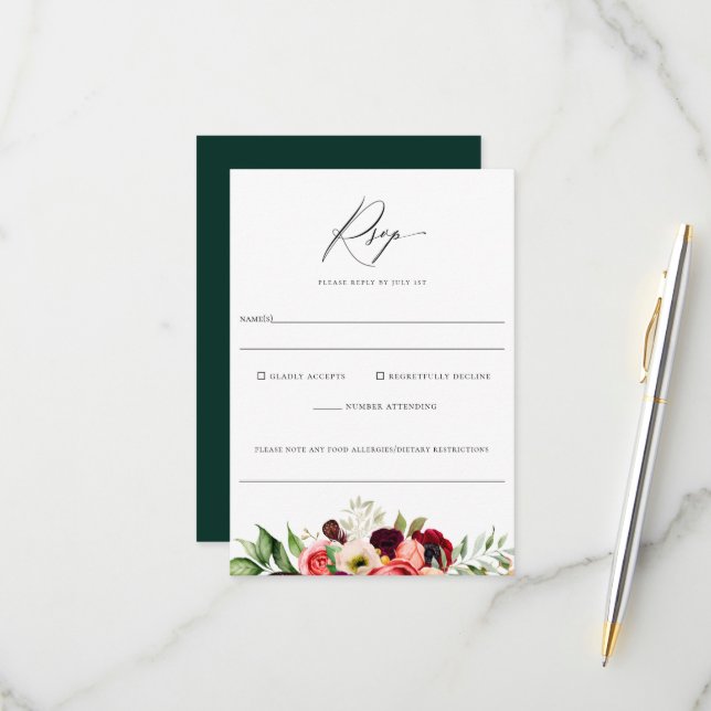 Bohemian Blooms Floral Wedding Food Allergy RSVP Card (Front/Back In Situ)