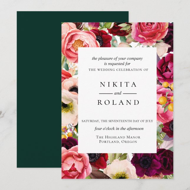 Bohemian Blooms Wedding Invitation (Front/Back)
