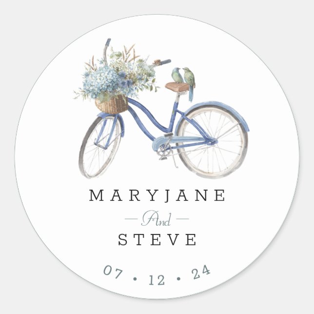 Bohemian Blue Bicycle Watercolor Wedding Classic Round Sticker (Front)