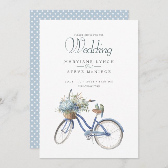 Bohemian Blue Bicycle Watercolor Wedding Invitation (Front/Back)