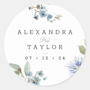 Bohemian Blue Botanical Watercolor Wedding Classic Round Sticker