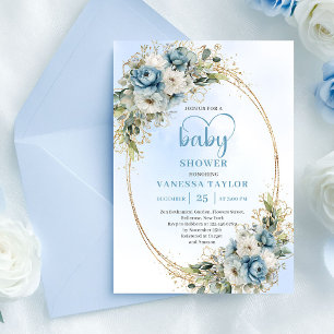 Bohemian Blue Floral Eucalyptus Gold Baby Shower  Invitation