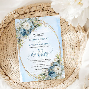 Bohemian Blue Floral Gold Glitter Wedding Invite
