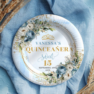 Bohemian Blue Floral Gold Personalized Quinceañera Paper Plate