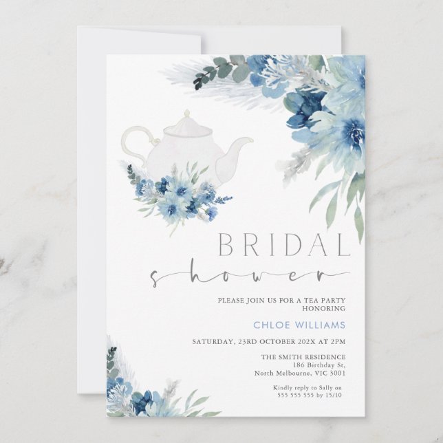 Bohemian Blue Floral Tea Party Bridal Shower  Invitation (Front)