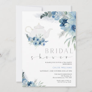 Bohemian Blue Floral Tea Party Bridal Shower  Invitation