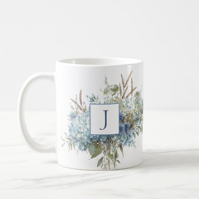 Bohemian Blue Floral Watercolor Bouquet Coffee Mug (Left)