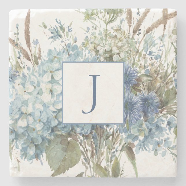 Bohemian Blue Floral Watercolor Bouquet Stone Coaster (Front)