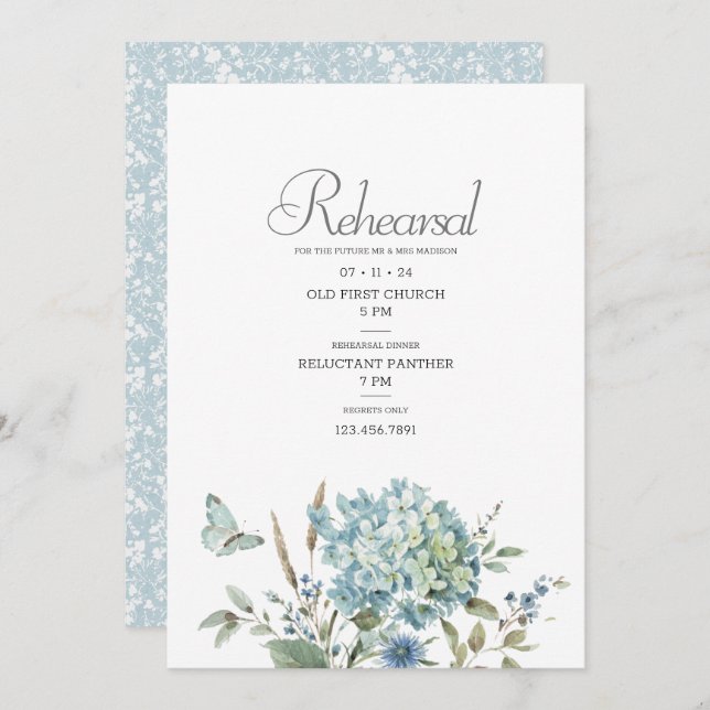 Bohemian Blue Floral Watercolor Wedding Rehearsal Invitation (Front/Back)