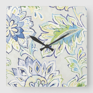 Bohemian Blue Flower Square Wall Clock