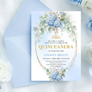 Bohemian Blue Flowers Gold Quinceañera Invitation