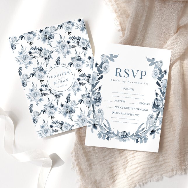Bohemian Blue Grey Floral Wedding RSVP cards (Creator Uploaded)