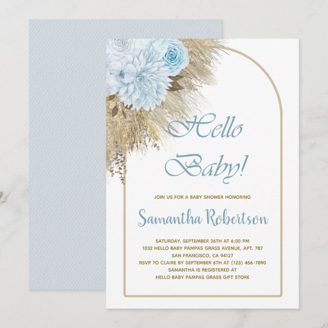 Bohemian Blue Pampas Grass Boho Boy Baby Shower  Invitation (Front/Back)