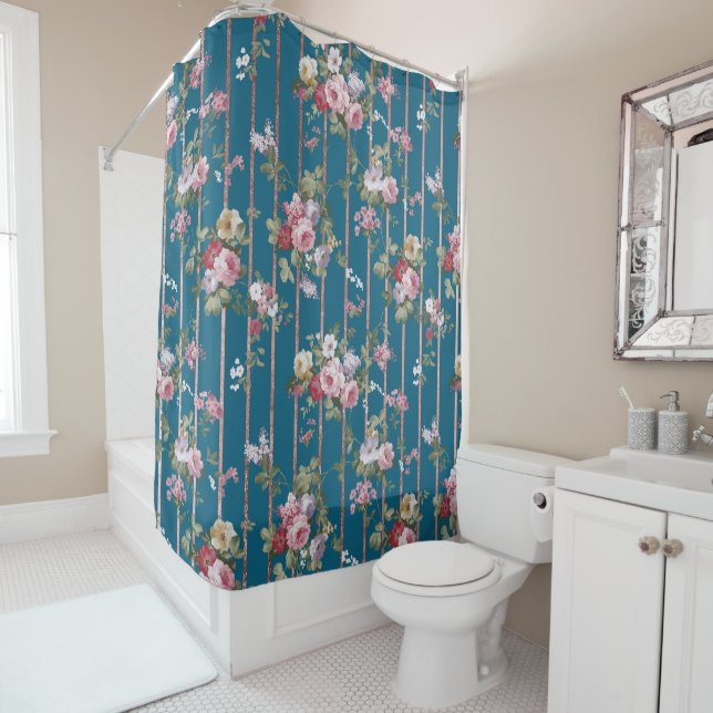 Bohemian blue pink red floral modern stripes shower curtain (In Situ)