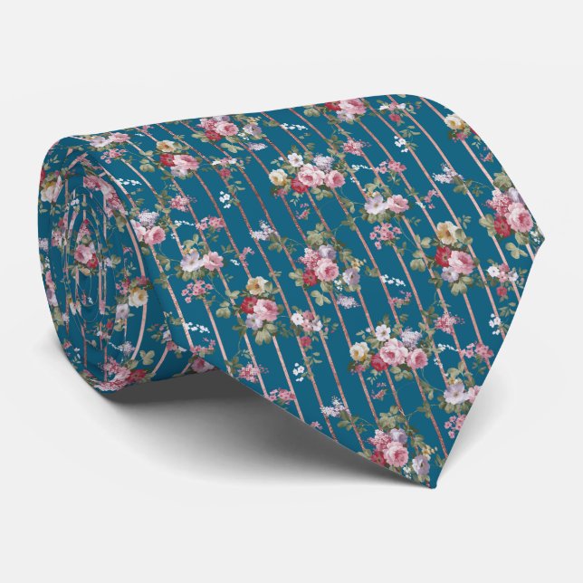 Bohemian blue pink red floral modern stripes tie (Rolled)