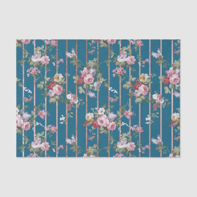 Bohemian blue pink red floral modern stripes tissue paper (Front)