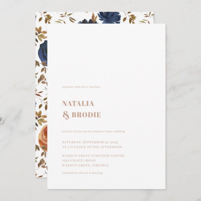 Bohemian Blue Tan and Floral Wedding Invitation (Front/Back)