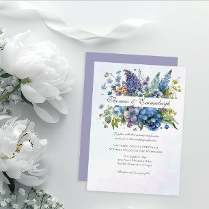 Bohemian Blue-Violet Watercolor Florals Wedding Invitation