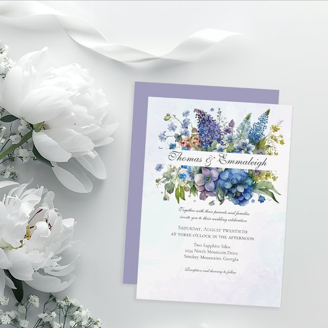 Bohemian Blue-Violet Watercolor Florals Wedding Invitation (Creator Uploaded)