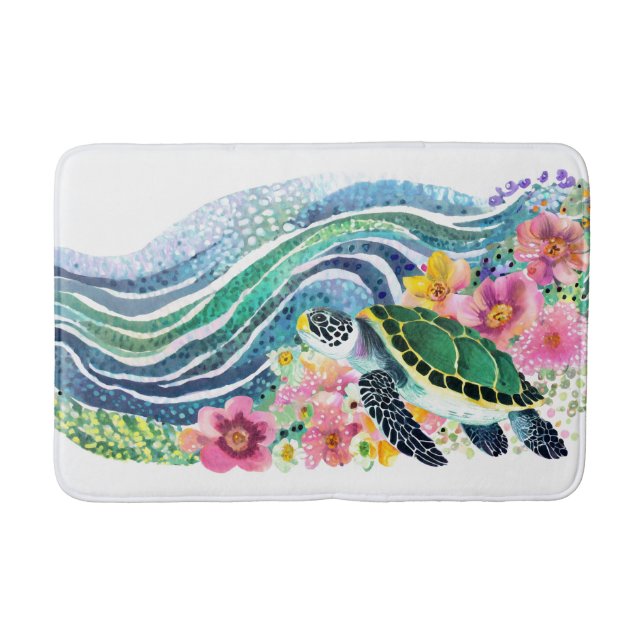 Bohemian Blue Waves Happy Turtle Watercolor Bath Mat (Front)