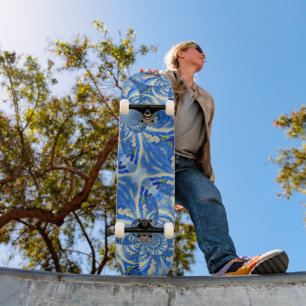 Bohemian blue white mandala floral  skateboard