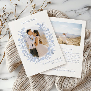 Bohemian Blue Wildflower Classic Wedding Photo Thank You Card