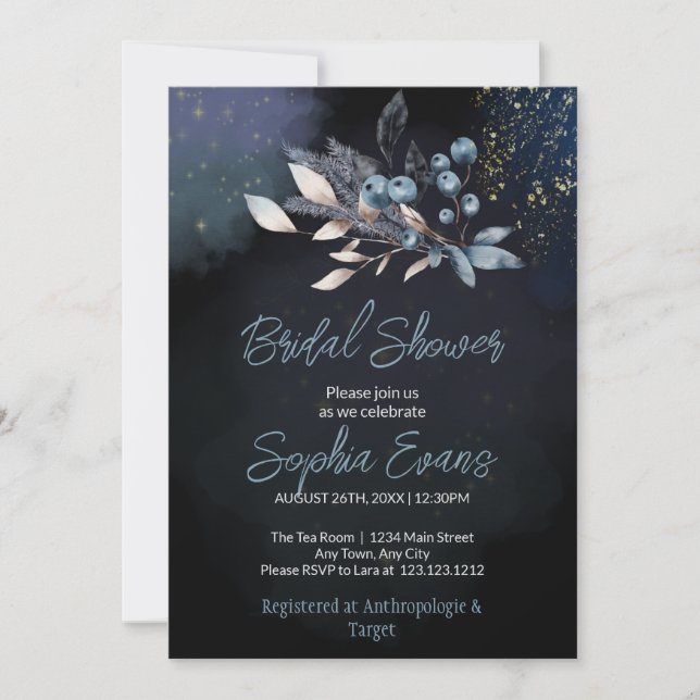 Bohemian Blueberries & Greenery Blue Bridal Shower Invitation (Front)