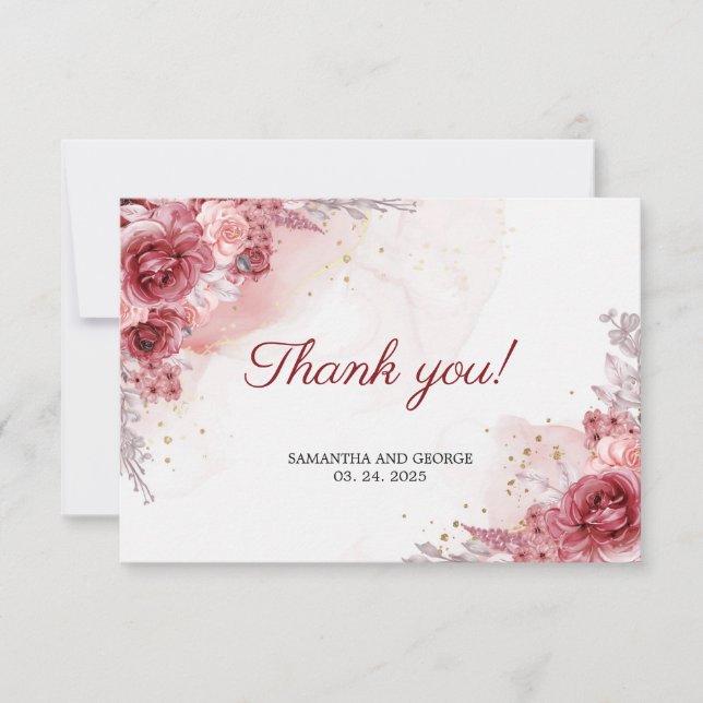 Bohemian Blush Burgundy Roses Faux Gold Wedding Thank You Card (Front)