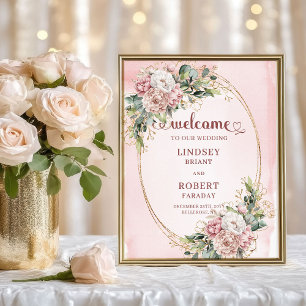 Bohemian Blush Floral Eucalyptus Gold Welcome Poster