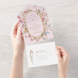 Bohemian Blush & Gold Wildflower Frame Wedding All All In One Invitation