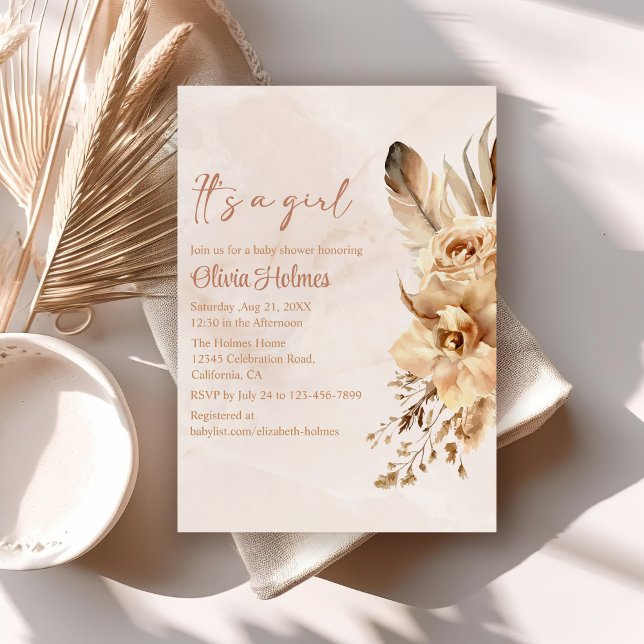 Bohemian Blush Pampas Grass Orchid Baby Shower Invitation (Bohemian Blush Pampas Grass Orchid Baby Shower Invitation on a neutral boho table.)
