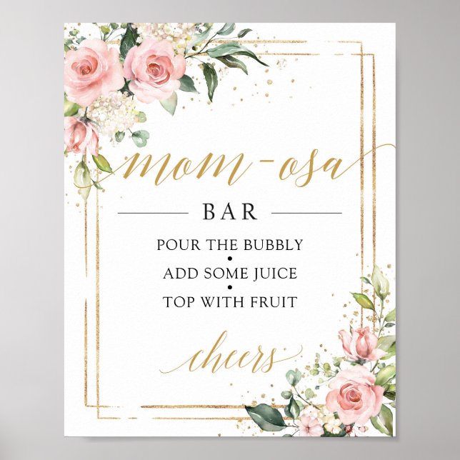 Bohemian Blush pink floral gold mom-osa bar sign (Front)