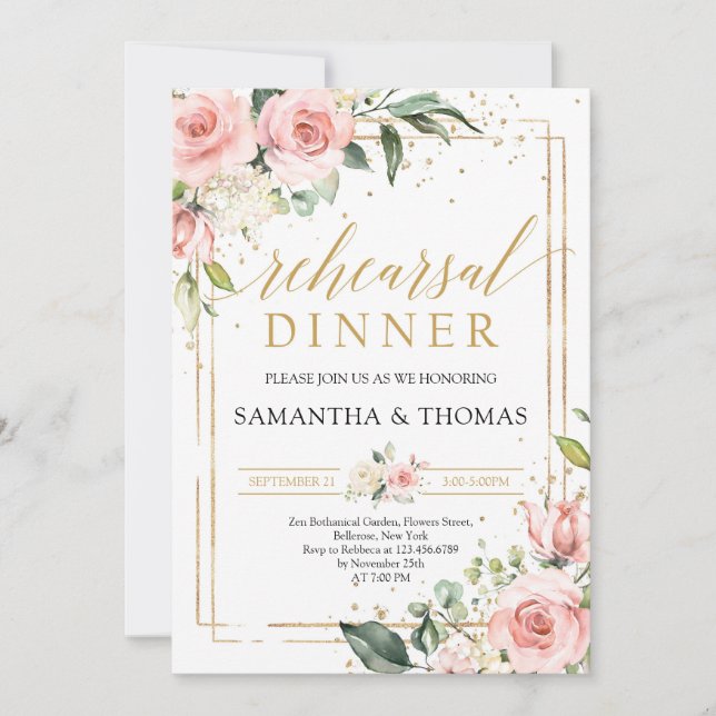 Bohemian blush pink floral gold rehearsal dinner invitation (Front)