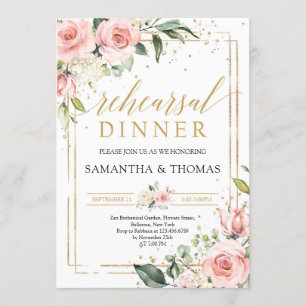 Bohemian blush pink floral gold rehearsal dinner invitation