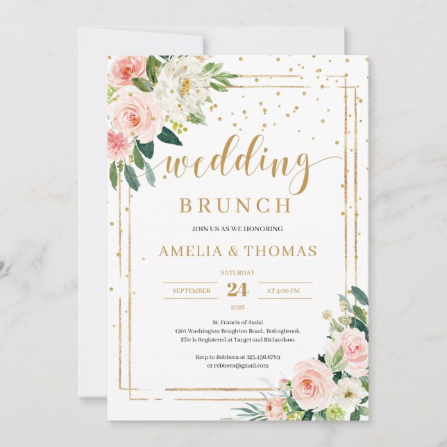BOhemian blush pink floral gold wedding brunch Invitation (Front)