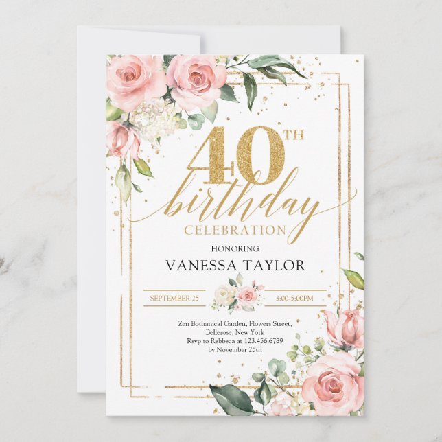 Bohemian blush pink floral greenery & gold 40th in invitation (Front)